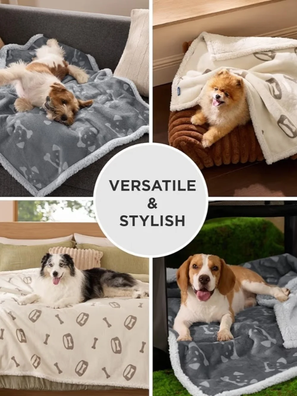 Bedsure Cream Sherpa Dog Waterproof Blanket with Bone Print